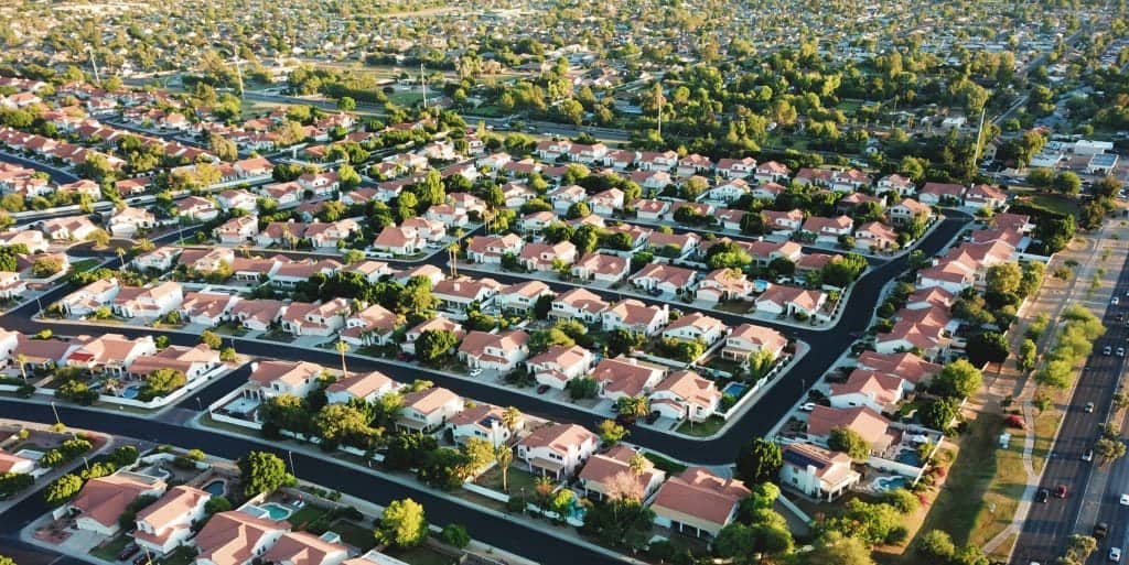 Aerial-Shot-Of-Suburban-Neighborhood-In-America