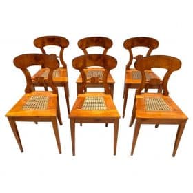 Six Biedermeier Board Chairs, Cherry Veneer and Mesh, Vienna, circa 1830