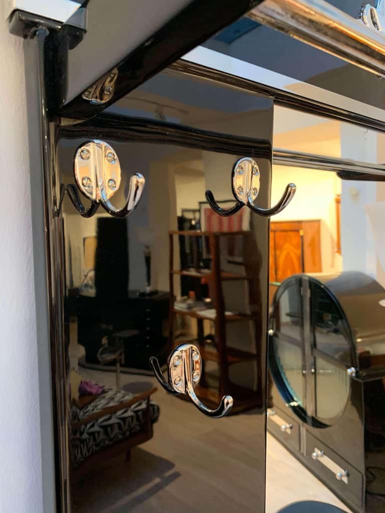 Art Deco Wardrobe with Mirror, Black Lacquer and Nickel, France, 1920s