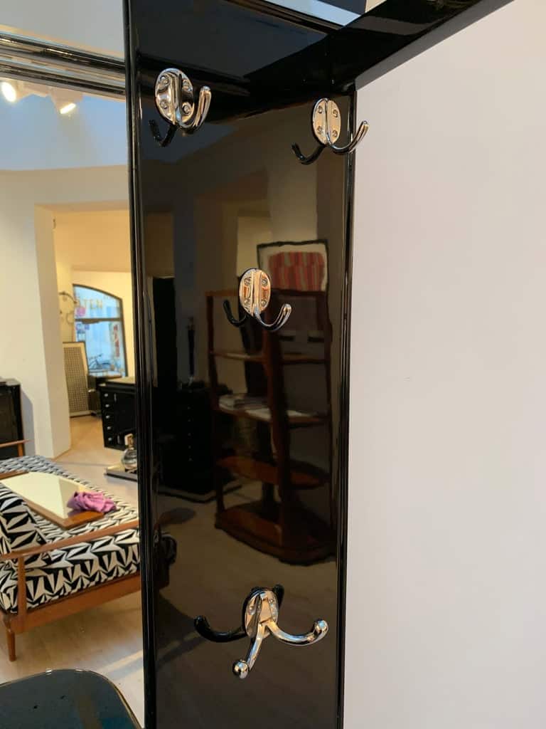 Art Deco Wardrobe with Mirror, Black Lacquer and Nickel, France, 1920s