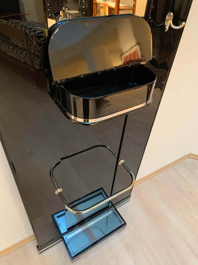 Art Deco Wardrobe with Mirror, Black Lacquer and Nickel, France, 1920s