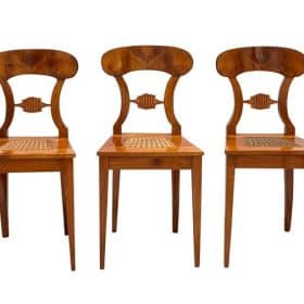 Six Biedermeier Board Chairs, Cherry Veneer and Mesh, Vienna, circa 1830