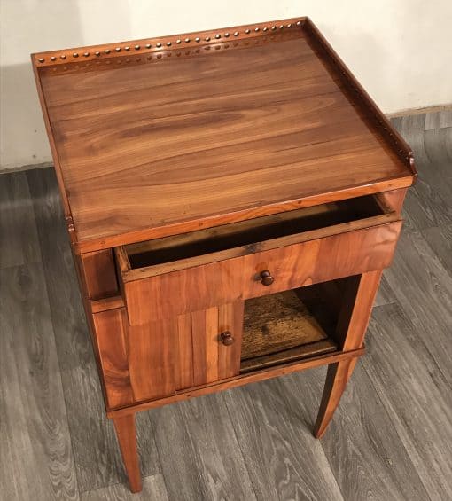 Biedermeier Nightstand- detail with open drawer and door- styylish