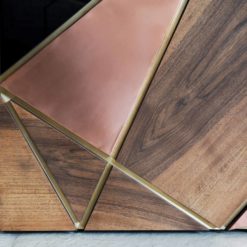 Modern bar cabinet- detail of the front with different wood and copper- styylish