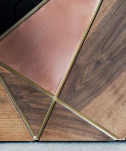 Modern bar cabinet- detail of the front with different wood and copper- styylish