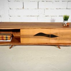 Modern sideboard- walnut- front view with doors open and books- styylish