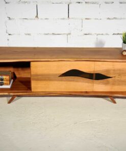 Modern sideboard- walnut- front view with doors open and books- styylish