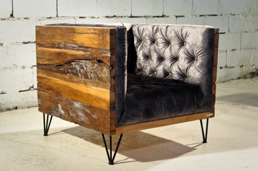 Reclaimed wood- three quarter view of armchair- styylish