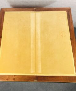 Biedermeier card table- view of the unfolded top with yellow velvet- styylish