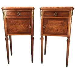 Antique nightstands- pair of nightstands with burl wood veneer and marble top- styylish