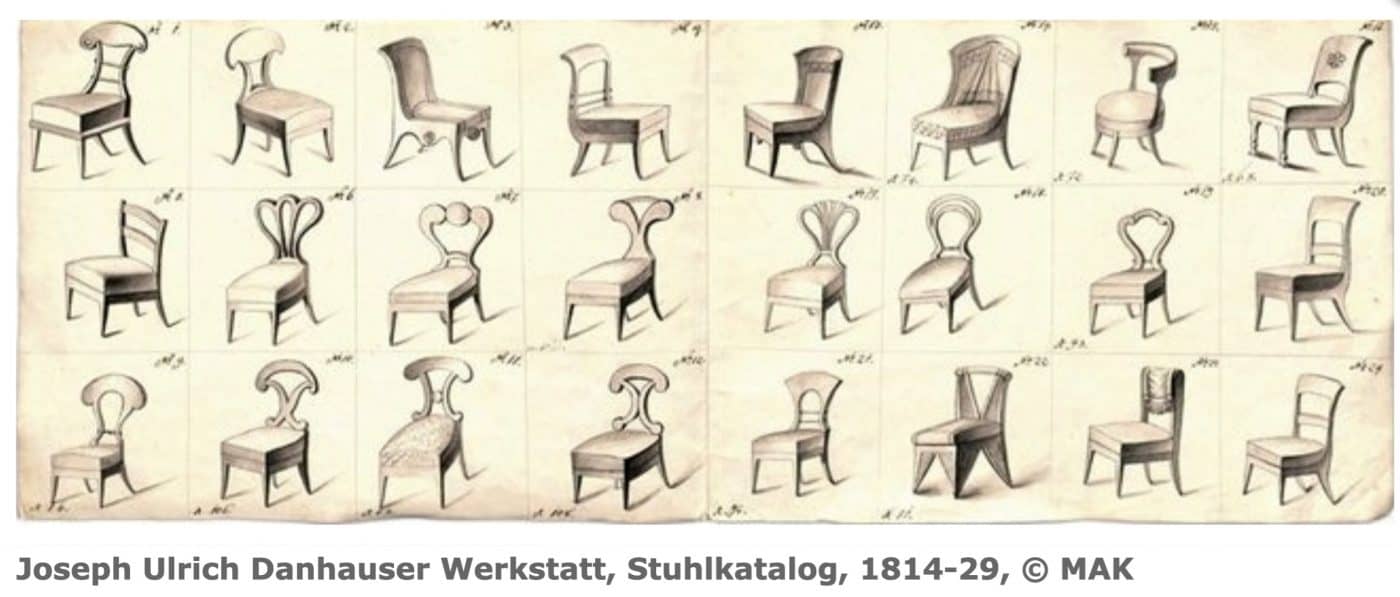 Six Biedermeier walnut chairs- Danhauser drawings of chair models- Styylish