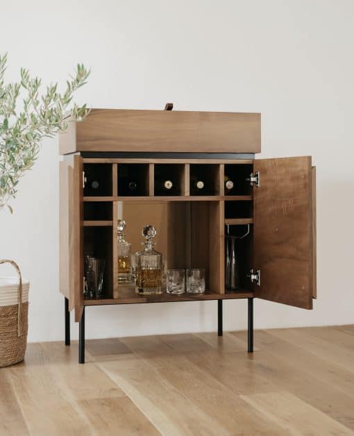 Custom made bar cabinet- view of the front with open doors- styylish