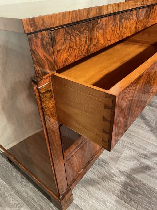 Biedermeier walnut veneer chest- view with middle drawer open- styylish