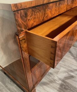Biedermeier walnut veneer chest- view with middle drawer open- styylish