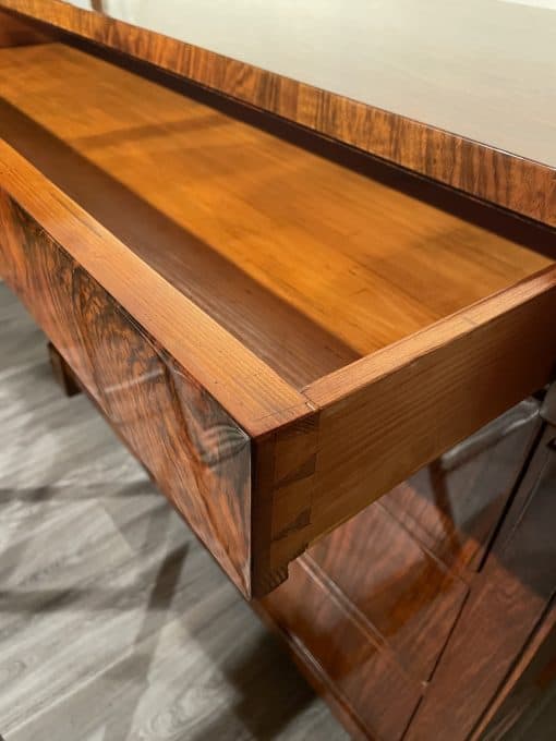 Biedermeier walnut veneer chest- view with upper drawer open- styylish