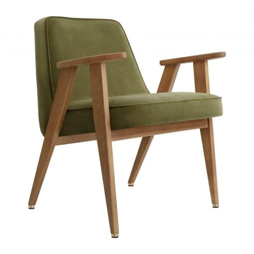 Iconic Midcentury Armchair- 366 three quarter view with light green velvet- Styylish