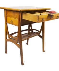 Art Nouveau Oakwood Sewing Table- three-quarter view of the open drawer and needle cushion- Styylish