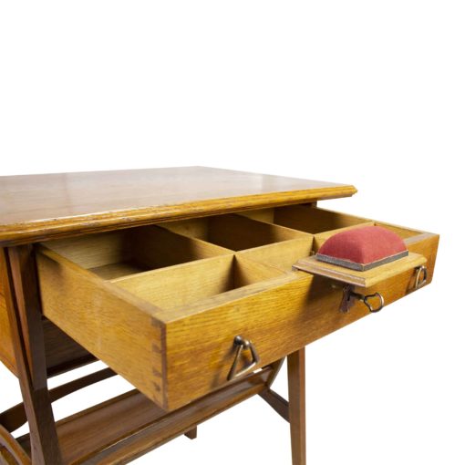 Art Nouveau Oakwood Sewing Table- detail three-quarter view of the open drawer and needle cushion- Styylish