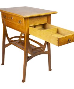 Art Nouveau Oakwood Sewing Table- three-quarter view with open drawer right- Styylish