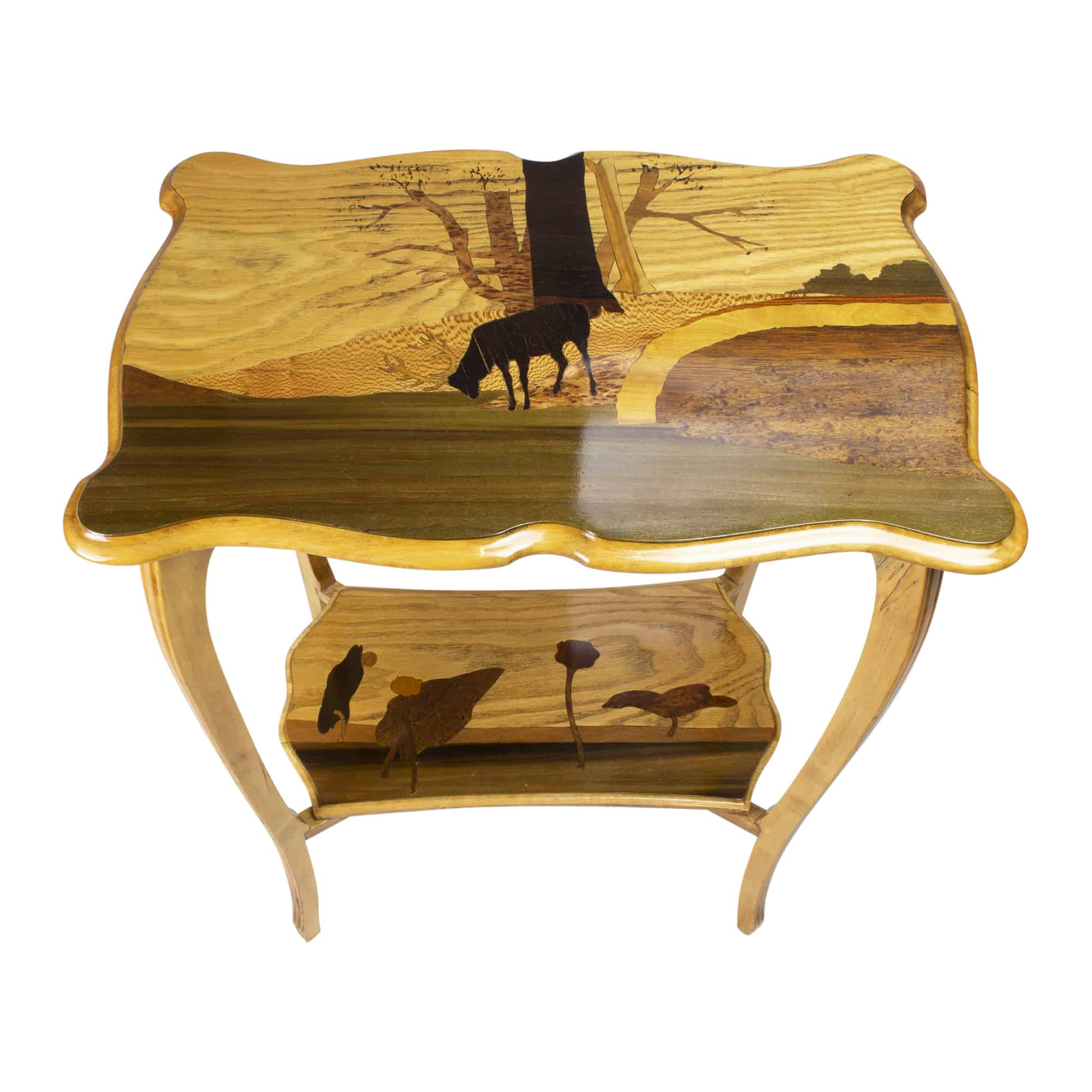 Art Nouveau Marquetry Side Table- view of the top and the lower shelf with marquetry- Styylish