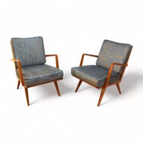 Pair of Mid Century Armchairs, Cherrywood, Blue/Silver Fabric, Germany, 1950s