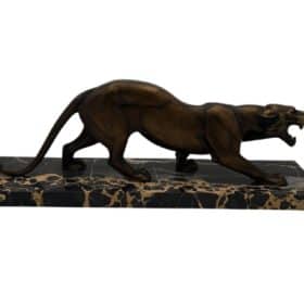 Art Deco Panther Sculpture, Bronze Cast, Marble, France circa 1930