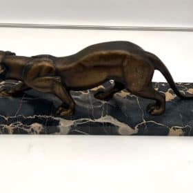 Art Deco Panther Sculpture, Bronze Cast, Marble, France circa 1930