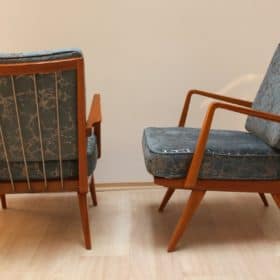 Pair of Mid Century Armchairs, Cherrywood, Blue/Silver Fabric, Germany, 1950s