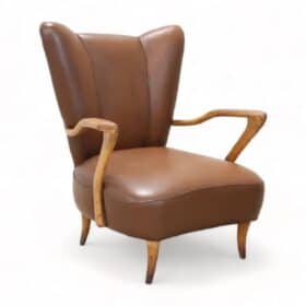 Italian Mid-Century Armchair in Brown Faux Leather