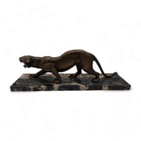 Art Deco Panther Sculpture, Bronze Cast, Marble, France circa 1930