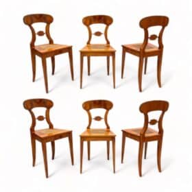 Six Biedermeier Board Chairs, Cherry Veneer and Mesh, Vienna, circa 1830