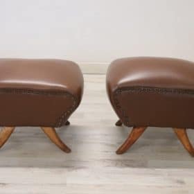 Pair of Italian Mid-Century Stools in Brown Faux Leather