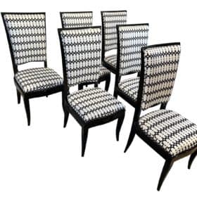 Set of Six Art Deco High Back Dining Chairs, Black Lacquer, France circa 1930