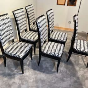 Set of Six Art Deco High Back Dining Chairs, Black Lacquer, France circa 1930