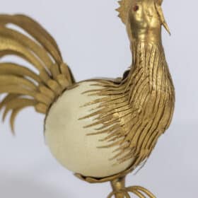 Rooster Sculpture, Ostrich Egg in Golden Brass, 1970s