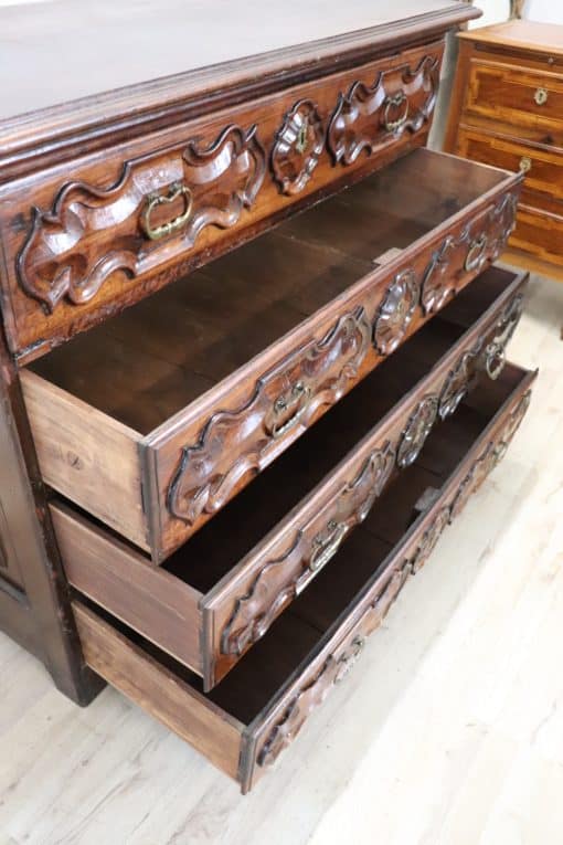 Carved Walnut Antique Commode - Drawers Open - Styylish