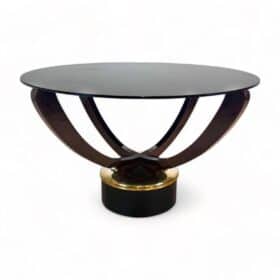 Round Art Deco Coffee Table, Rosewood, Metal, Glass, France circa 1930