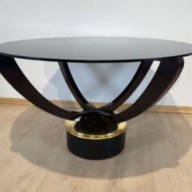 Round Art Deco Coffee Table, Rosewood, Metal, Glass, France circa 1930