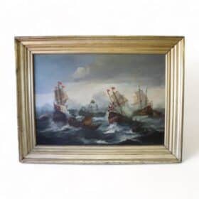 Oil Painting of Galleons in Battle, 19th century