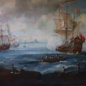 Antique Oil Painting of Coastal Scene with Galleons, 18th century