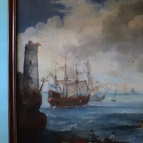 Antique Oil Painting of Coastal Scene with Galleons, 18th century