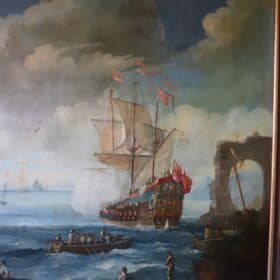 Antique Oil Painting of Coastal Scene with Galleons, 18th century