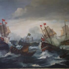 Oil Painting of Galleons in Battle, 19th century