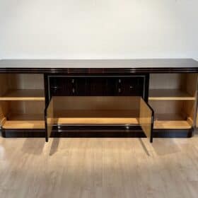 Long Art Deco Sideboard, Macassar Ebony, Maple, Chrome, France circa 1930