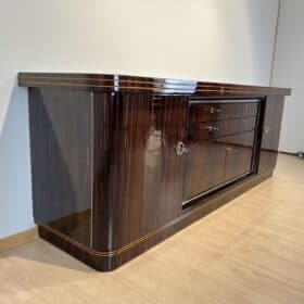 Long Art Deco Sideboard, Macassar Ebony, Maple, Chrome, France circa 1930