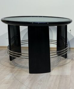 Alternative view of Art Deco Round Coffee Table, Black Lacquer, Chrome, Glass, France circa 1930