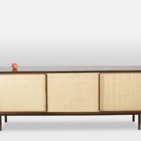 Wenge Sideboard with Raffia and Lacquered Metal, 1970s