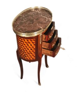 Louis XVI Style Tambour Side Table- side view with open drawers- Styylish