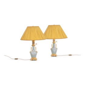 Pair of Celadon Porcelain and Gilded Bronze Lamps, Circa 1880