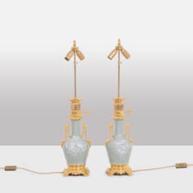 Pair of Celadon Porcelain and Gilded Bronze Lamps, Circa 1880